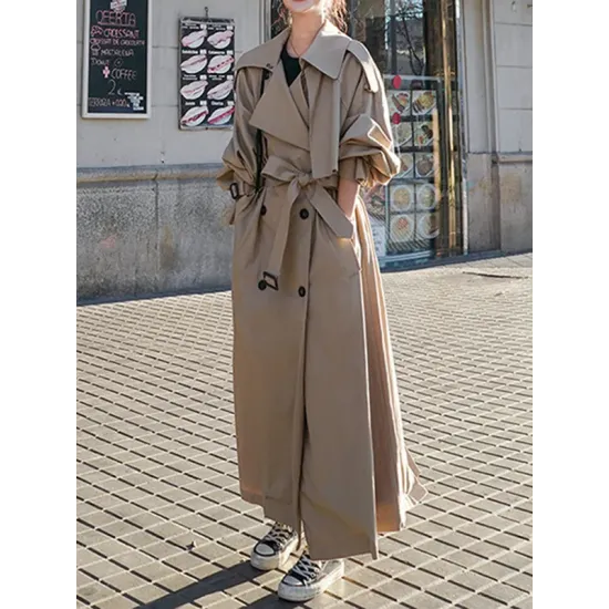 Buckle Buttoned Split-Back Tied Waist Long Sleeves Loose Lapel Trench Coats Outerwear Buckle Buttoned Split-Back Tied Waist Long Sleeves Loose Lapel Trench Coats Outerwear