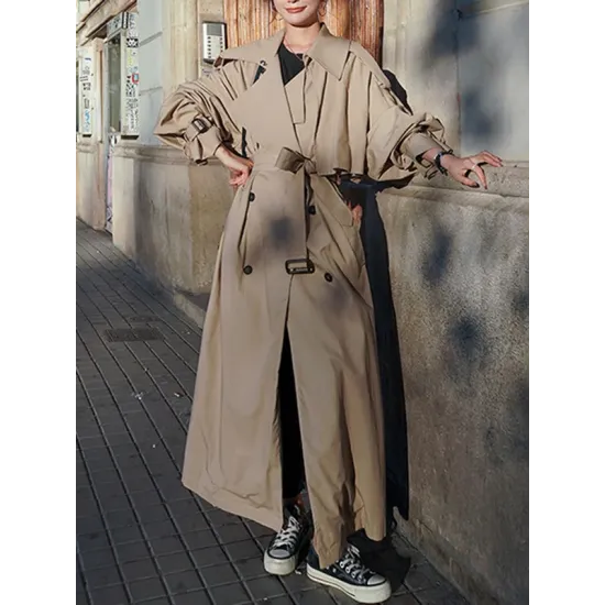 Buckle Buttoned Split-Back Tied Waist Long Sleeves Loose Lapel Trench Coats Outerwear Buckle Buttoned Split-Back Tied Waist Long Sleeves Loose Lapel Trench Coats Outerwear