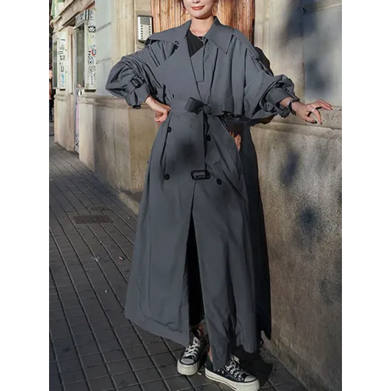 Buckle Buttoned Split-Back Tied Waist Long Sleeves Loose Lapel Trench Coats Outerwear Buckle Buttoned Split-Back Tied Waist Long Sleeves Loose Lapel Trench Coats Outerwear