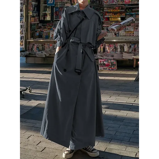 Buckle Buttoned Split-Back Tied Waist Long Sleeves Loose Lapel Trench Coats Outerwear Buckle Buttoned Split-Back Tied Waist Long Sleeves Loose Lapel Trench Coats Outerwear