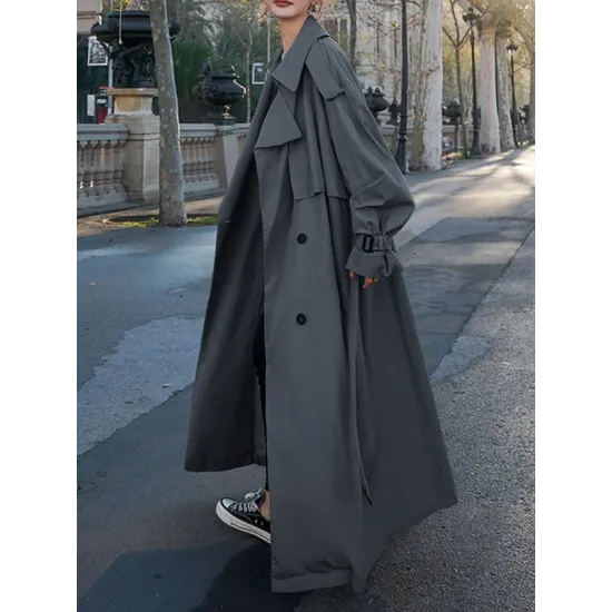 Buckle Buttoned Split-Back Tied Waist Long Sleeves Loose Lapel Trench Coats Outerwear Buckle Buttoned Split-Back Tied Waist Long Sleeves Loose Lapel Trench Coats Outerwear