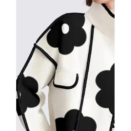Long Sleeves Loose Contrast Color Flower Print Split-Joint Stand Collar Jackets Outerwear Woolen Coat Long Sleeves Loose Contrast Color Flower Print Split-Joint Stand Collar Jackets Outerwear Woolen Coat