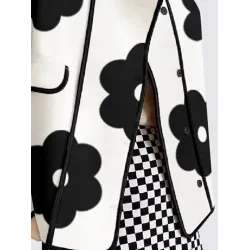 Long Sleeves Loose Contrast Color Flower Print Split-Joint Stand Collar Jackets Outerwear Woolen Coat