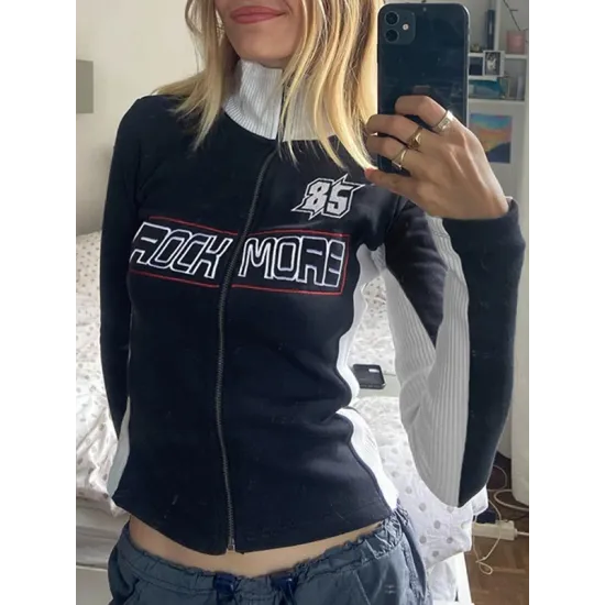 Contrast Color Letter Print Split-Joint Long Sleeves Skinny High Neck Jackets Contrast Color Letter Print Split-Joint Long Sleeves Skinny High Neck Jackets