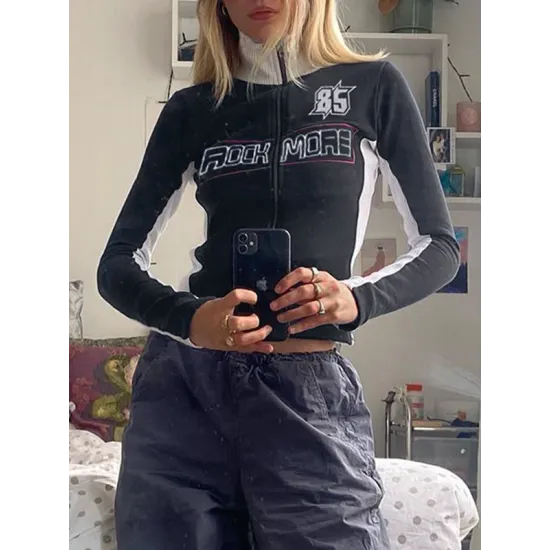 Contrast Color Letter Print Split-Joint Long Sleeves Skinny High Neck Jackets Contrast Color Letter Print Split-Joint Long Sleeves Skinny High Neck Jackets