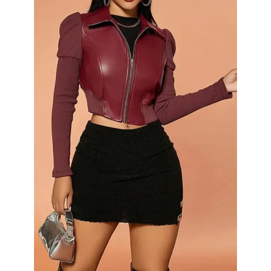 Elasticity Pleated Solid Color Split-Joint Zipper Long Sleeves Puff Sleeves Lapel PU Jackets Elasticity Pleated Solid Color Split-Joint Zipper Long Sleeves Puff Sleeves Lapel PU Jackets