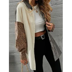 Buttoned Leopard Pockets Split-Joint Long Sleeves Loose Lapel Outerwear Jackets