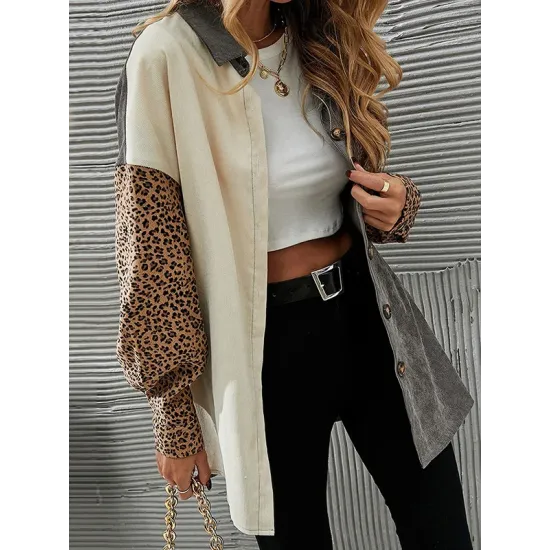 Buttoned Leopard Pockets Split-Joint Long Sleeves Loose Lapel Outerwear Jackets Buttoned Leopard Pockets Split-Joint Long Sleeves Loose Lapel Outerwear Jackets