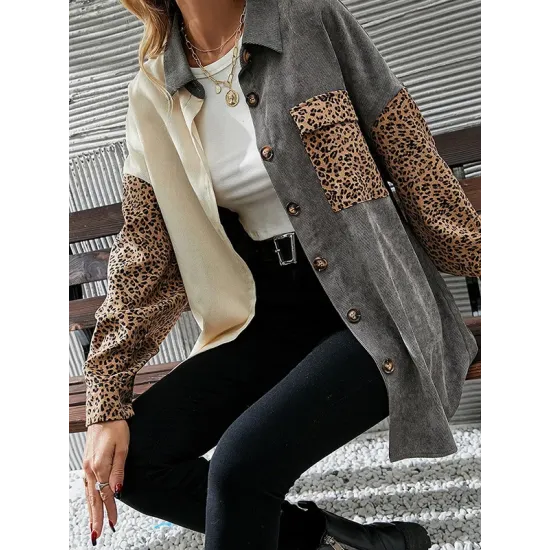 Buttoned Leopard Pockets Split-Joint Long Sleeves Loose Lapel Outerwear Jackets Buttoned Leopard Pockets Split-Joint Long Sleeves Loose Lapel Outerwear Jackets