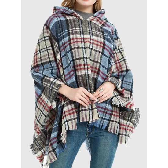 Fringed Hooded Keep Warm Plaid Shawl&Cloak Cape Fringed Hooded Keep Warm Plaid Shawl&Cloak Cape