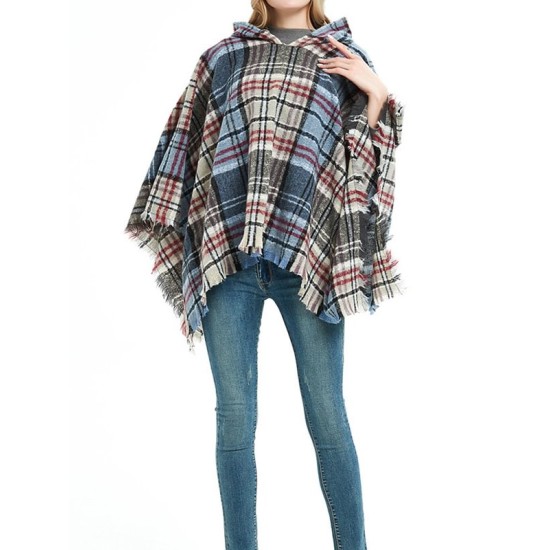 Fringed Hooded Keep Warm Plaid Shawl&Cloak Cape Fringed Hooded Keep Warm Plaid Shawl&Cloak Cape