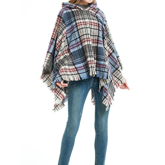 Fringed Hooded Keep Warm Plaid Shawl&Cloak Cape Fringed Hooded Keep Warm Plaid Shawl&Cloak Cape