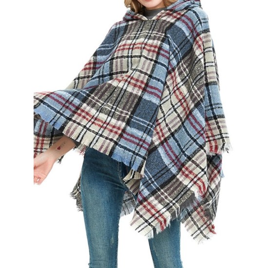 Fringed Hooded Keep Warm Plaid Shawl&Cloak Cape Fringed Hooded Keep Warm Plaid Shawl&Cloak Cape