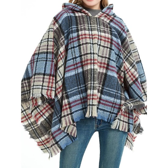 Fringed Hooded Keep Warm Plaid Shawl&Cloak Cape Fringed Hooded Keep Warm Plaid Shawl&Cloak Cape