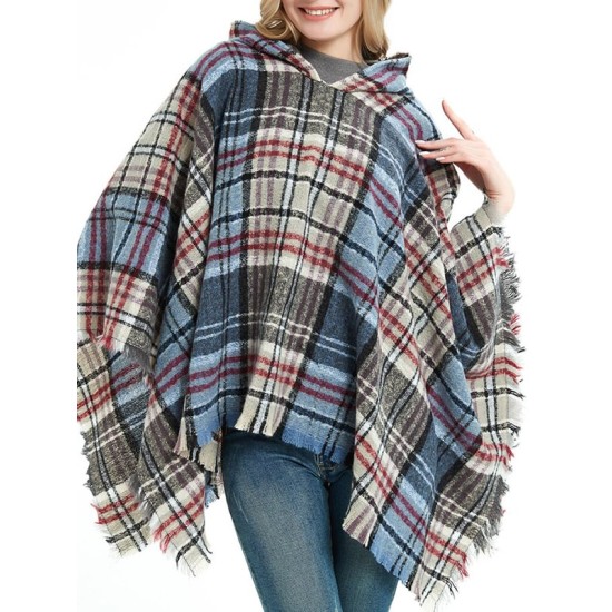 Fringed Hooded Keep Warm Plaid Shawl&Cloak Cape Fringed Hooded Keep Warm Plaid Shawl&Cloak Cape