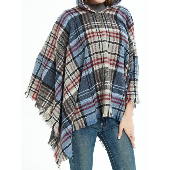 Fringed Hooded Keep Warm Plaid Shawl&Cloak Cape Fringed Hooded Keep Warm Plaid Shawl&Cloak Cape