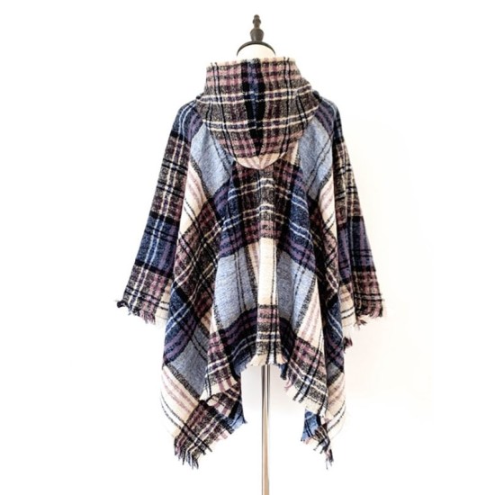Fringed Hooded Keep Warm Plaid Shawl&Cloak Cape Fringed Hooded Keep Warm Plaid Shawl&Cloak Cape