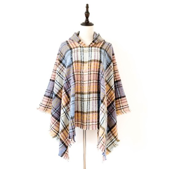 Fringed Hooded Keep Warm Plaid Shawl&Cloak Cape Fringed Hooded Keep Warm Plaid Shawl&Cloak Cape