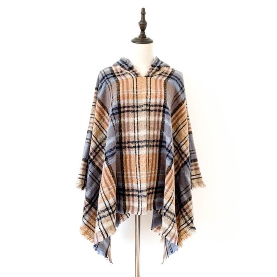 Fringed Hooded Keep Warm Plaid Shawl&Cloak Cape Fringed Hooded Keep Warm Plaid Shawl&Cloak Cape