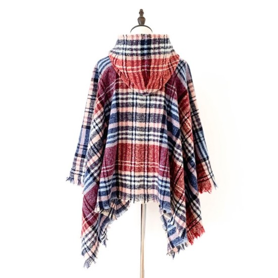 Fringed Hooded Keep Warm Plaid Shawl&Cloak Cape Fringed Hooded Keep Warm Plaid Shawl&Cloak Cape