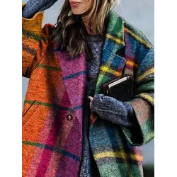 Long Sleeves Loose Contrast Color Plaid Split-Joint Lapel Outerwear Windbreakers Woolen Coat