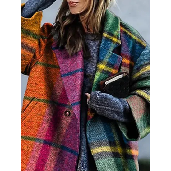 Long Sleeves Loose Contrast Color Plaid Split-Joint Lapel Outerwear Windbreakers Woolen Coat Long Sleeves Loose Contrast Color Plaid Split-Joint Lapel Outerwear Windbreakers Woolen Coat