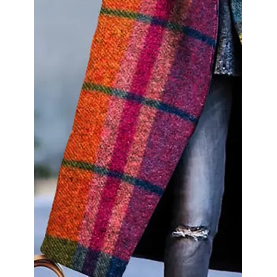 Long Sleeves Loose Contrast Color Plaid Split-Joint Lapel Outerwear Windbreakers Woolen Coat Long Sleeves Loose Contrast Color Plaid Split-Joint Lapel Outerwear Windbreakers Woolen Coat