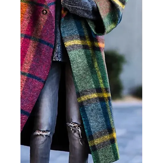 Long Sleeves Loose Contrast Color Plaid Split-Joint Lapel Outerwear Windbreakers Woolen Coat Long Sleeves Loose Contrast Color Plaid Split-Joint Lapel Outerwear Windbreakers Woolen Coat