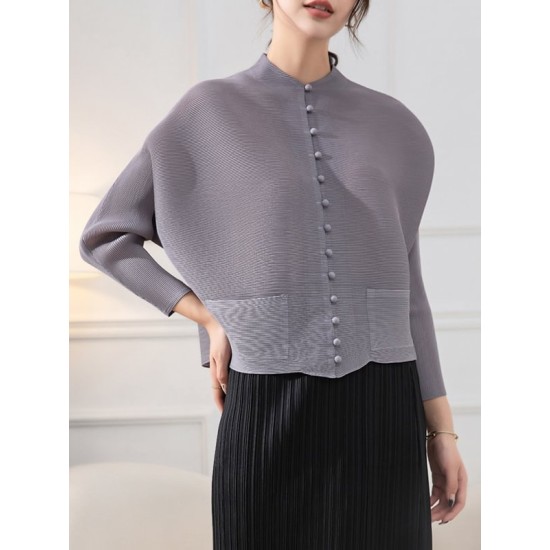 Buttoned Pleated Pockets Solid Color Long Sleeves Loose Round-Neck Outerwear Buttoned Pleated Pockets Solid Color Long Sleeves Loose Round-Neck Outerwear