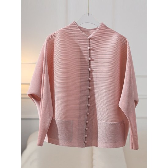 Buttoned Pleated Pockets Solid Color Long Sleeves Loose Round-Neck Outerwear Buttoned Pleated Pockets Solid Color Long Sleeves Loose Round-Neck Outerwear