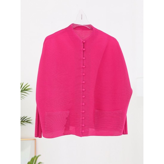 Buttoned Pleated Pockets Solid Color Long Sleeves Loose Round-Neck Outerwear Buttoned Pleated Pockets Solid Color Long Sleeves Loose Round-Neck Outerwear