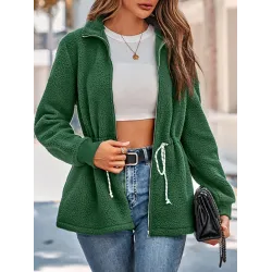 Drawstring Solid Color Velvet Zipper Long Sleeves Loose Stand Collar Outerwear