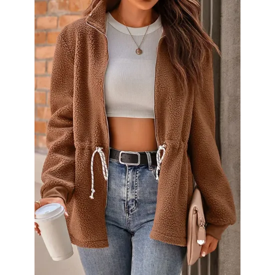 Drawstring Solid Color Velvet Zipper Long Sleeves Loose Stand Collar Outerwear Drawstring Solid Color Velvet Zipper Long Sleeves Loose Stand Collar Outerwear