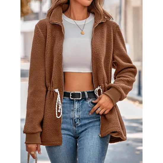 Drawstring Solid Color Velvet Zipper Long Sleeves Loose Stand Collar Outerwear Drawstring Solid Color Velvet Zipper Long Sleeves Loose Stand Collar Outerwear