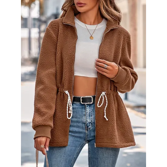 Drawstring Solid Color Velvet Zipper Long Sleeves Loose Stand Collar Outerwear Drawstring Solid Color Velvet Zipper Long Sleeves Loose Stand Collar Outerwear
