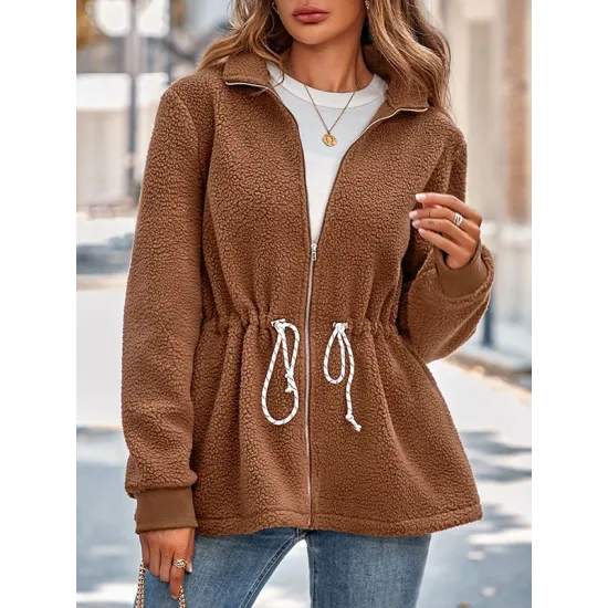 Drawstring Solid Color Velvet Zipper Long Sleeves Loose Stand Collar Outerwear Drawstring Solid Color Velvet Zipper Long Sleeves Loose Stand Collar Outerwear