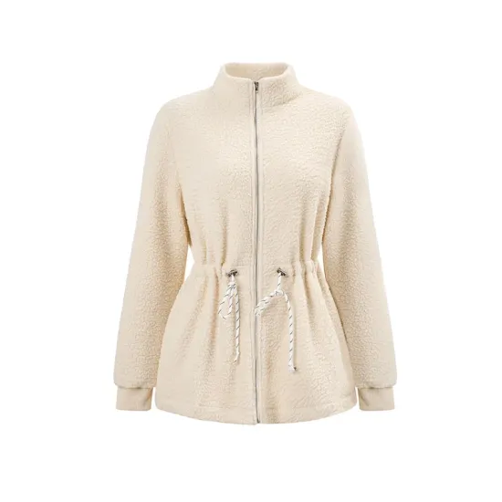 Drawstring Solid Color Velvet Zipper Long Sleeves Loose Stand Collar Outerwear Drawstring Solid Color Velvet Zipper Long Sleeves Loose Stand Collar Outerwear
