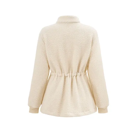 Drawstring Solid Color Velvet Zipper Long Sleeves Loose Stand Collar Outerwear Drawstring Solid Color Velvet Zipper Long Sleeves Loose Stand Collar Outerwear