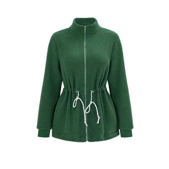 Drawstring Solid Color Velvet Zipper Long Sleeves Loose Stand Collar Outerwear Drawstring Solid Color Velvet Zipper Long Sleeves Loose Stand Collar Outerwear