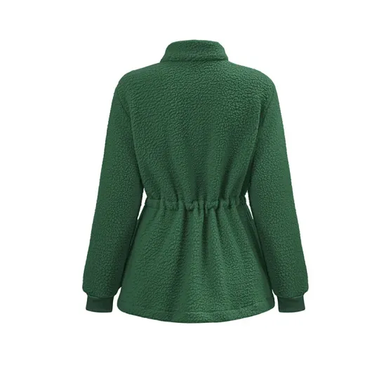 Drawstring Solid Color Velvet Zipper Long Sleeves Loose Stand Collar Outerwear Drawstring Solid Color Velvet Zipper Long Sleeves Loose Stand Collar Outerwear