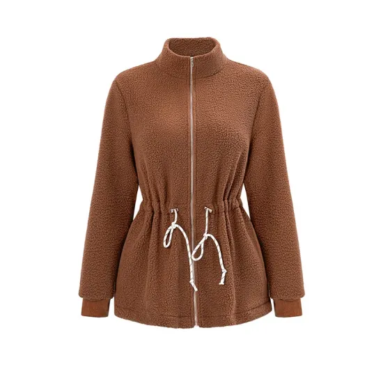 Drawstring Solid Color Velvet Zipper Long Sleeves Loose Stand Collar Outerwear Drawstring Solid Color Velvet Zipper Long Sleeves Loose Stand Collar Outerwear