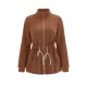 Drawstring Solid Color Velvet Zipper Long Sleeves Loose Stand Collar Outerwear Drawstring Solid Color Velvet Zipper Long Sleeves Loose Stand Collar Outerwear