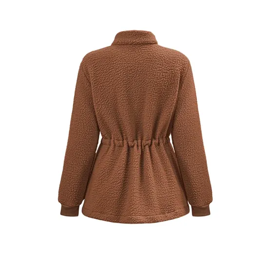Drawstring Solid Color Velvet Zipper Long Sleeves Loose Stand Collar Outerwear Drawstring Solid Color Velvet Zipper Long Sleeves Loose Stand Collar Outerwear