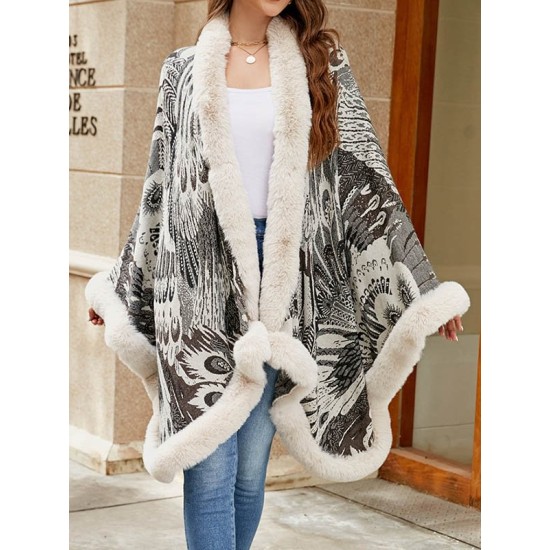Jacquard Keep Warm Velvet Long Sleeves Loose Collarless Shawl Cape Jacquard Keep Warm Velvet Long Sleeves Loose Collarless Shawl Cape