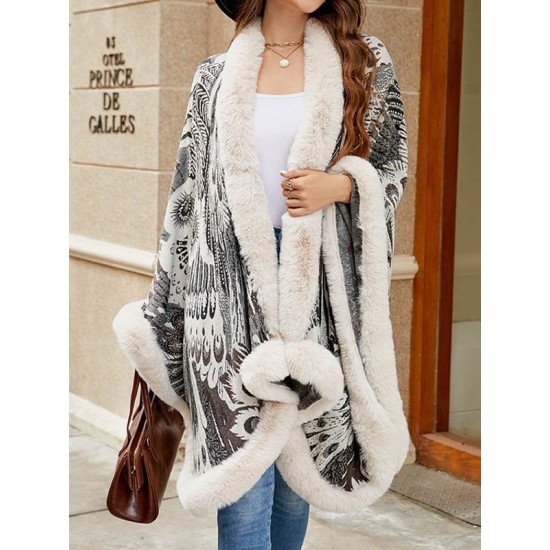 Jacquard Keep Warm Velvet Long Sleeves Loose Collarless Shawl Cape Jacquard Keep Warm Velvet Long Sleeves Loose Collarless Shawl Cape