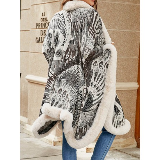 Jacquard Keep Warm Velvet Long Sleeves Loose Collarless Shawl Cape Jacquard Keep Warm Velvet Long Sleeves Loose Collarless Shawl Cape