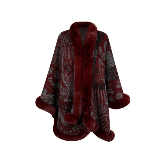 Jacquard Keep Warm Velvet Long Sleeves Loose Collarless Shawl Cape Jacquard Keep Warm Velvet Long Sleeves Loose Collarless Shawl Cape