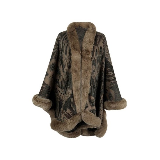 Jacquard Keep Warm Velvet Long Sleeves Loose Collarless Shawl Cape Jacquard Keep Warm Velvet Long Sleeves Loose Collarless Shawl Cape