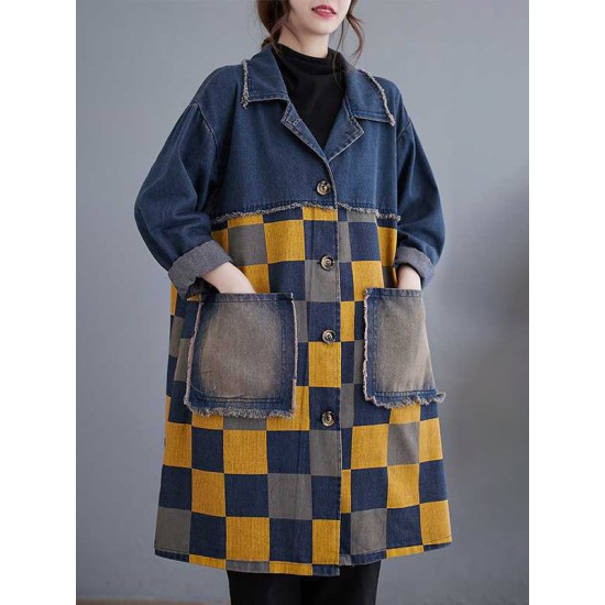 Buttoned Fringed Plaid Pockets Split-Joint Long Sleeves Loose Notched Collar Denim Outerwear Buttoned Fringed Plaid Pockets Split-Joint Long Sleeves Loose Notched Collar Denim Outerwear