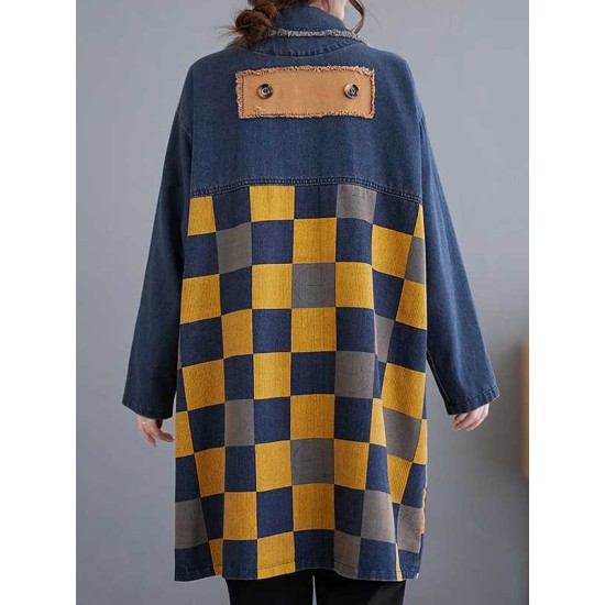 Buttoned Fringed Plaid Pockets Split-Joint Long Sleeves Loose Notched Collar Denim Outerwear Buttoned Fringed Plaid Pockets Split-Joint Long Sleeves Loose Notched Collar Denim Outerwear